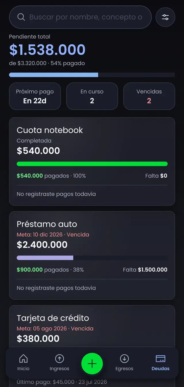 Pantalla de deudas de la app con el avance de cada pago y lo que falta por saldar