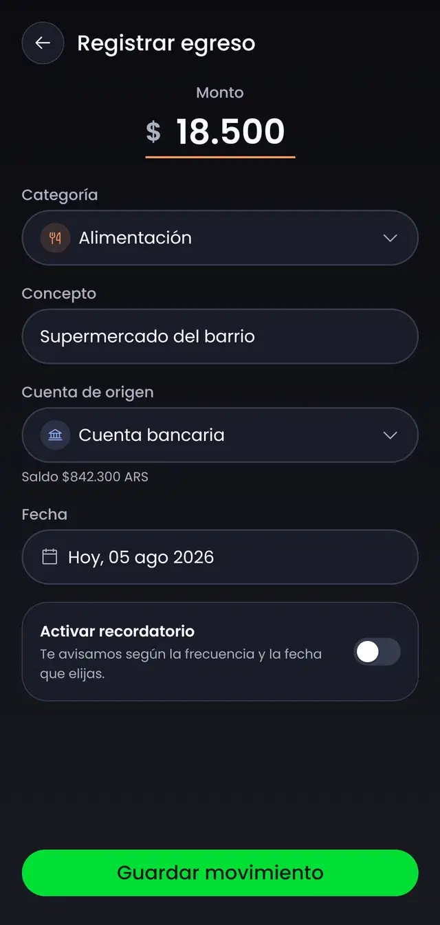 Pantalla de la app para anotar un movimiento eligiendo cuenta, categoría e importe